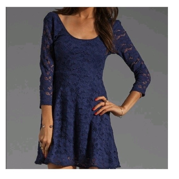 Free People Dresses & Skirts - Free People Royal Blue Floral Lace Fit and Flare 3/4 Sleeve Mini Dress Small